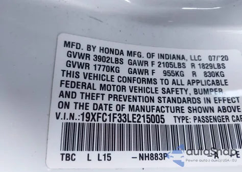 2020 Honda Civic Ex from USA, damaged, VIN 19XFC1F33LE215005